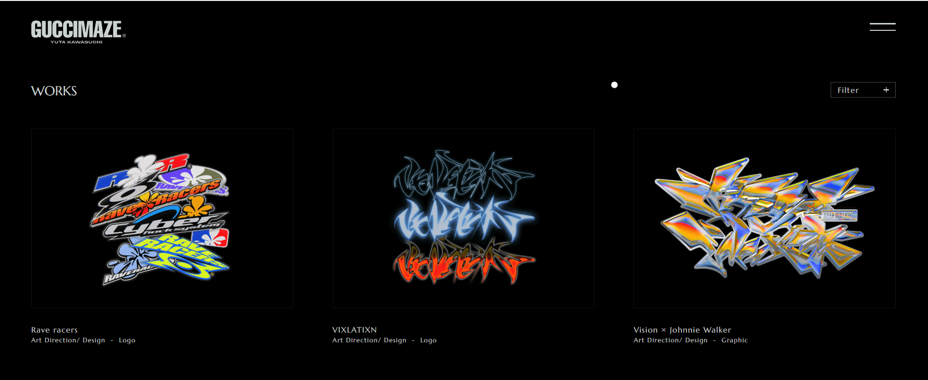GUCCIMAZE portfolio works grid with chrome and acid typography