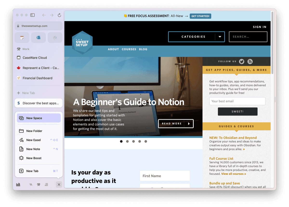 Arc Browser space-driven sidebar with contextual color tinting