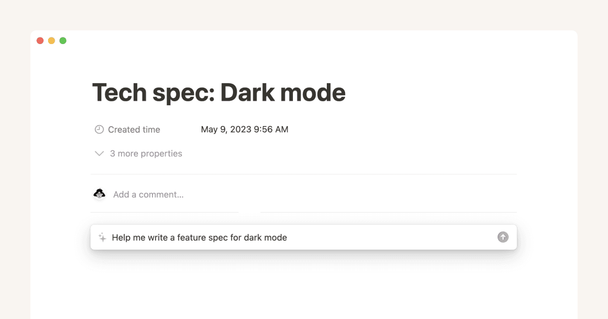 Notion AI floating Help me write prompt bar, May 2023