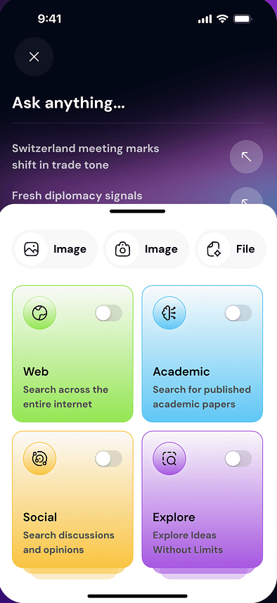 Perplexity AI modular citation tiles and bento search layout
