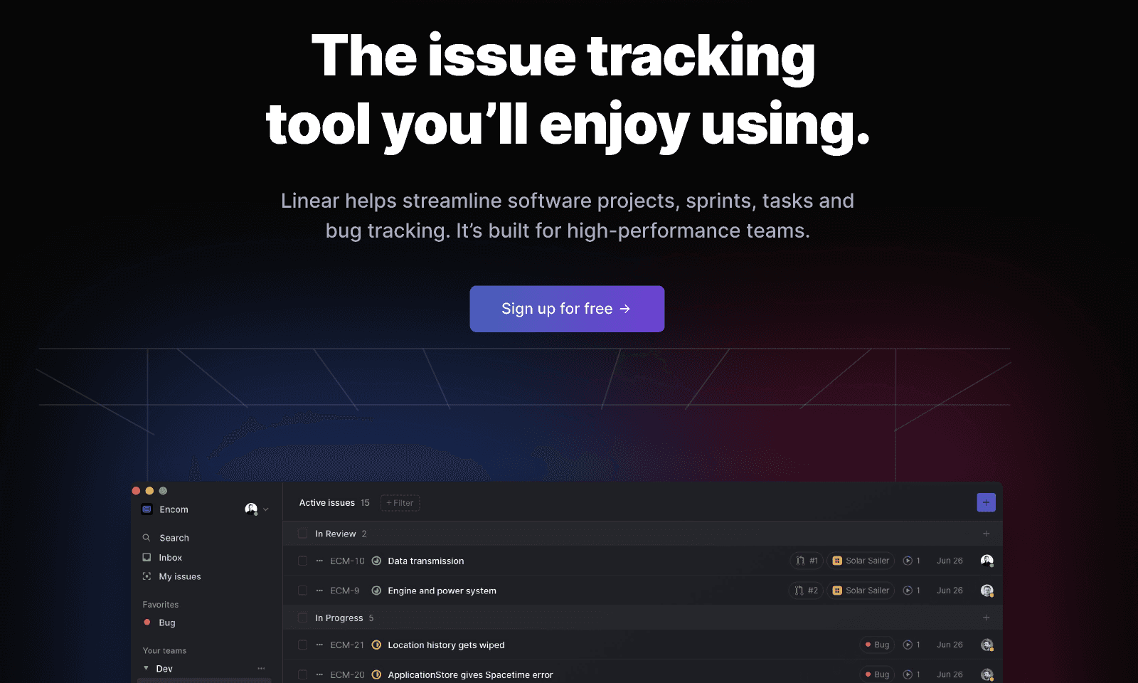 Linear dark-mode product site with soft ambient aurora glows