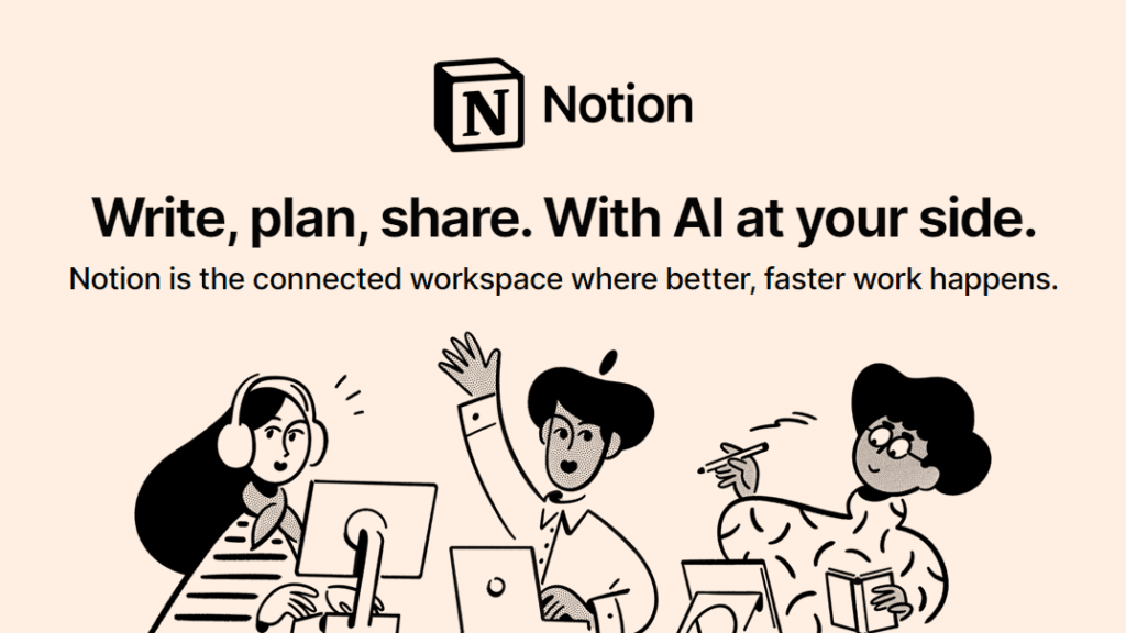Notion marketing illustration with monochrome Corporate Memphis line-art figures