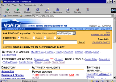 AltaVista search engine homepage circa 1999