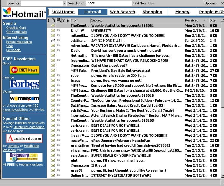 Classic Hotmail webmail interface screenshot
