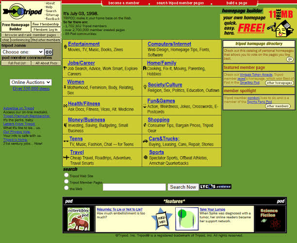 Tripod free homepage with table layout and banner ads circa 1998