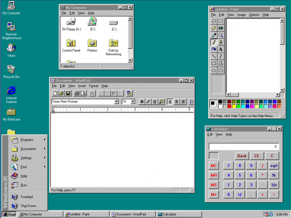 Windows 95 desktop with teal background and Start button