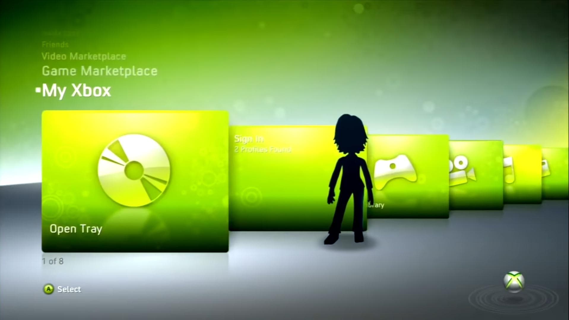 Xbox 360 dashboard screenshot with blade panels and green accents