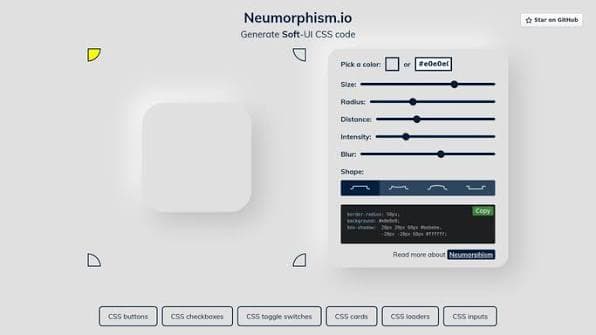 Neumorphism.io CSS generator interface