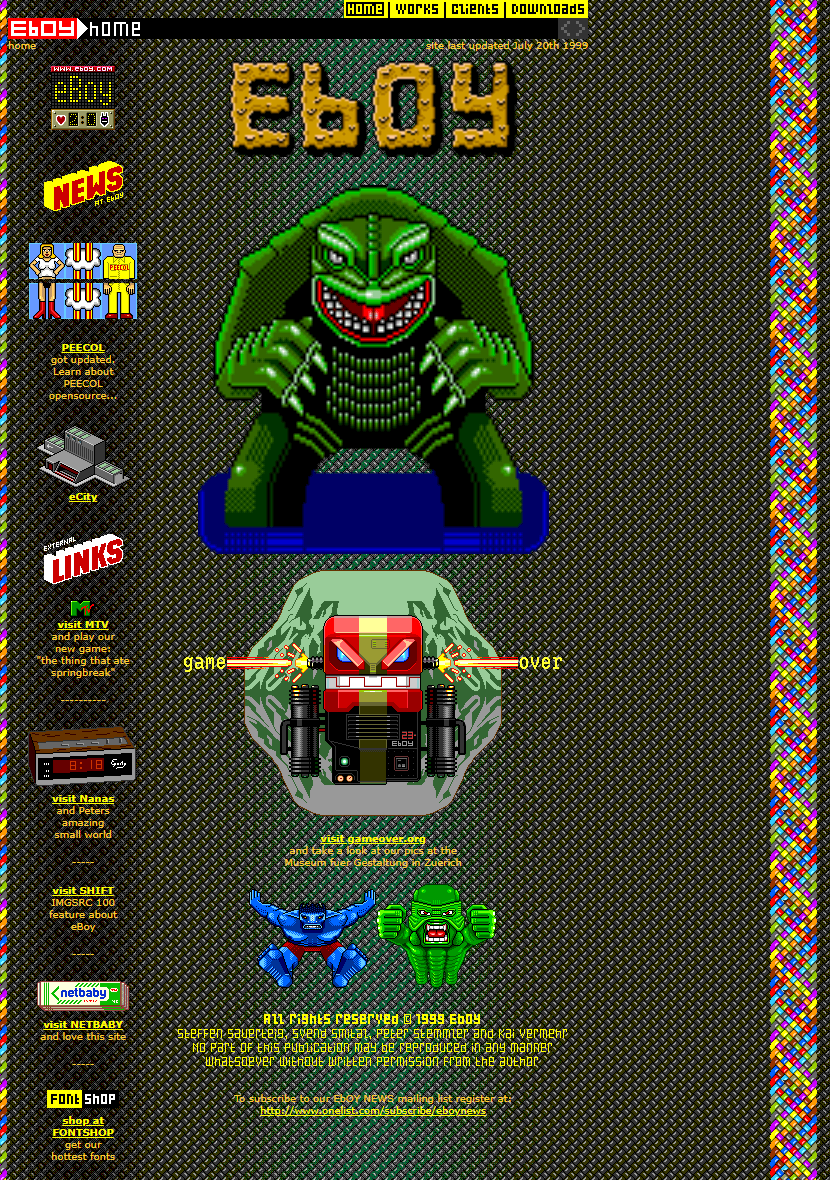 eBoy homepage with dense pixel-art sprites and bitmap type