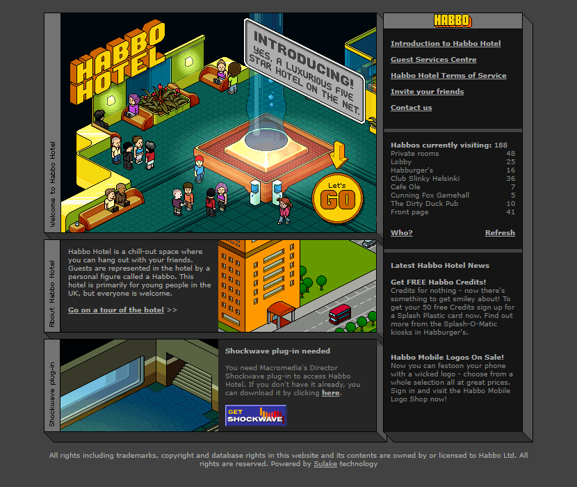 Habbo Hotel isometric pixel-art room with avatar sprites
