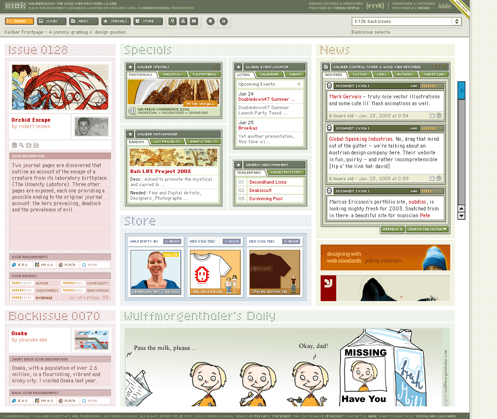 K10k design portal screenshot with pixel editorial layout