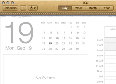 Apple iCal interface with leather texture and torn paper calendar header