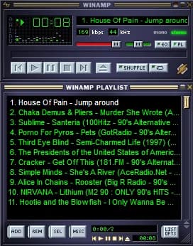 Winamp 2.x classic skin with brushed metal frame and green LED display