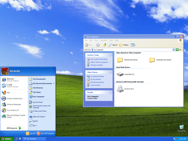 Windows XP Luna desktop with Bliss wallpaper, green Start button, and 3D window chrome