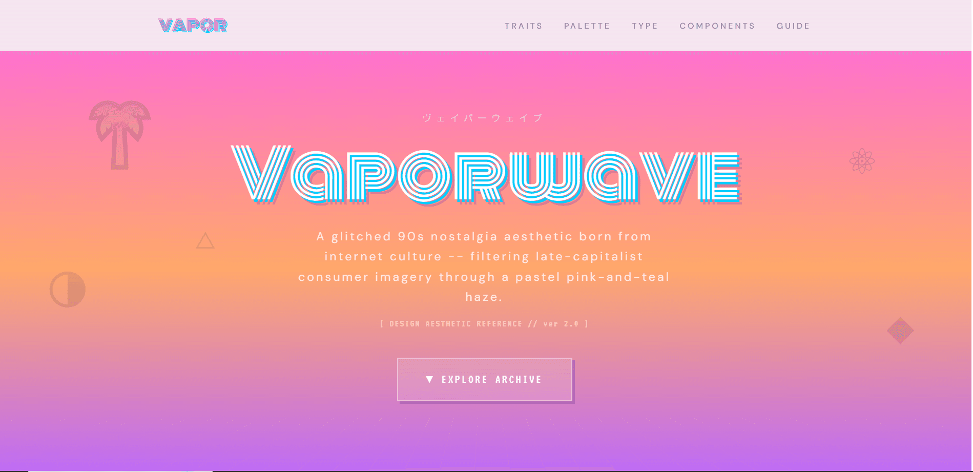 Vaporwave aesthetic reference hero with pastel gradient and grid horizon