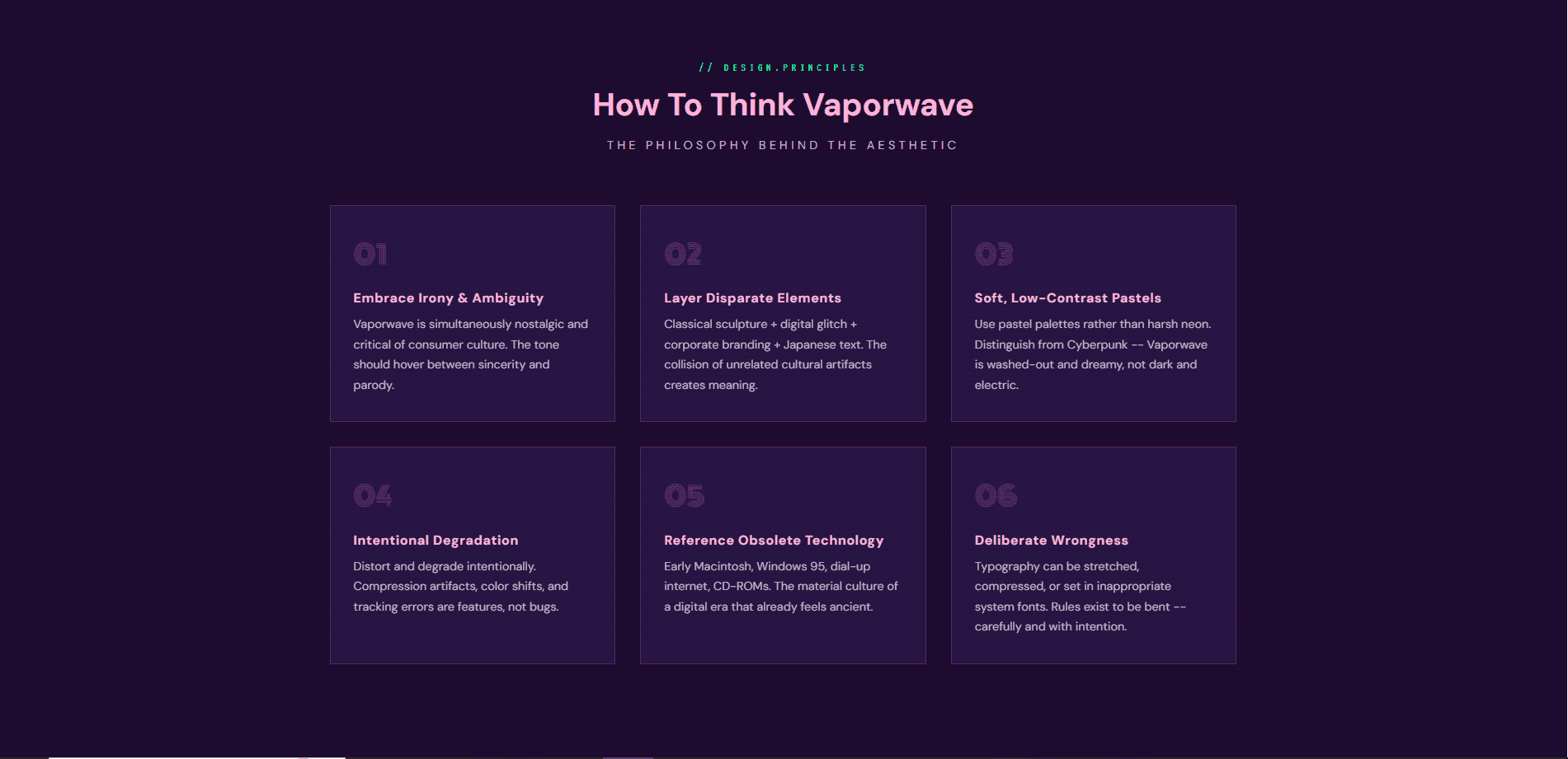 Vaporwave design principles grid with scanlined dark-purple cards