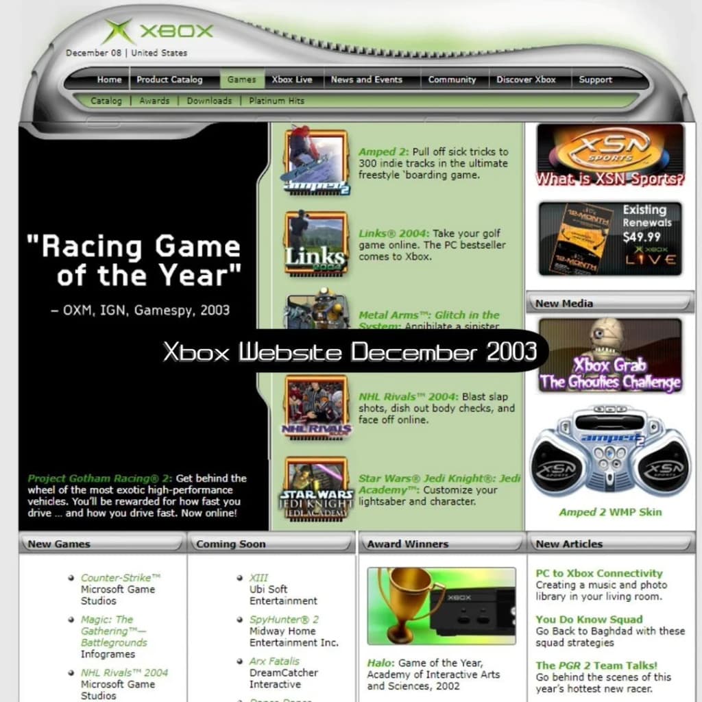 Xbox.com 2003 website UI with chrome frames, gel buttons, and green accents