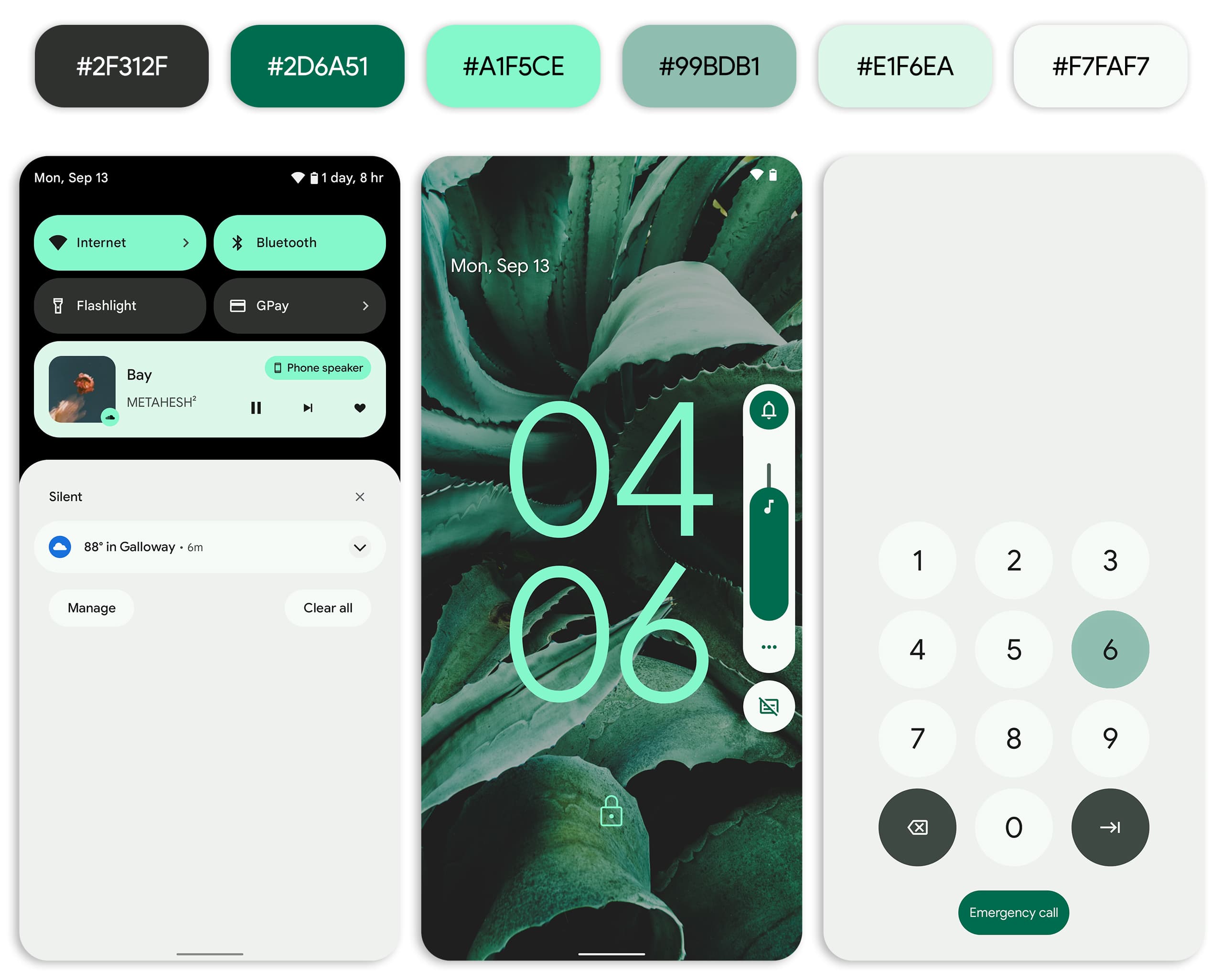 Material You Monet palette with wallpaper-extracted hex codes on Android 12