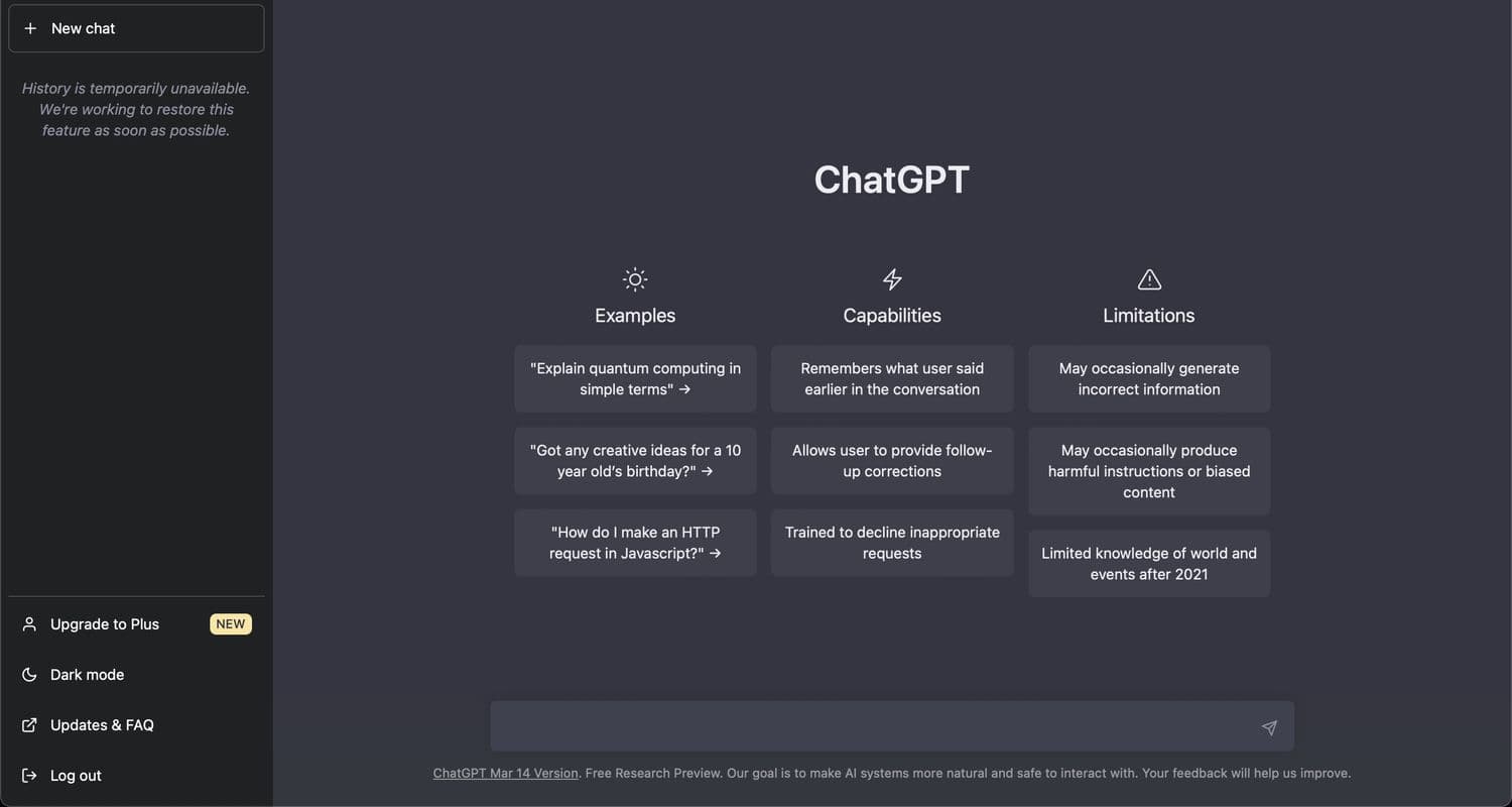 ChatGPT dark-mode interface with three-column prompt grid, 2023