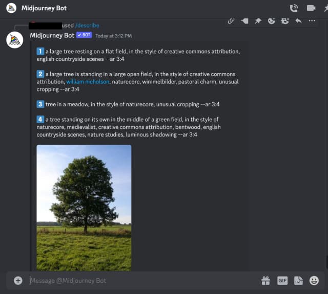 Midjourney Discord /describe command and upscaling grid